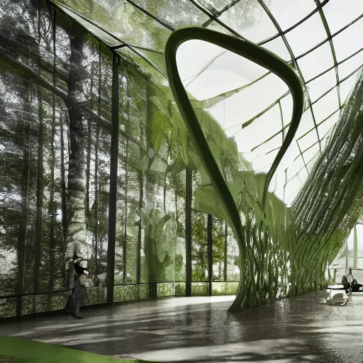 Prompt: S 2824651697 Hyper realistic,interior design,organic form,plaster, green,transparency, view of forest,Future design,architecture design,parametric architecture,covers by textile,environment,morning light,Cinematography,mega scans,cinematic,hyper realistic,photo real,cinematic composition,highly detailed,vray,8k render, extremely realistic