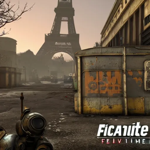 Prompt: promotional screenshot of fallout videogame set in paris