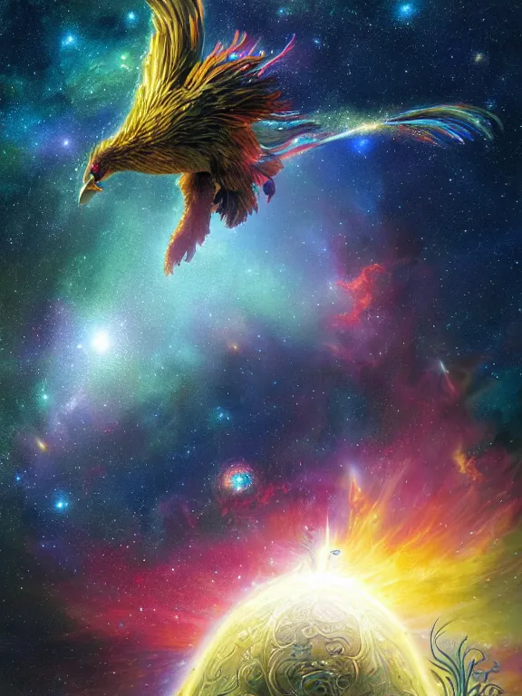 Image similar to a giant rooster, being abducted by a ufo, galaxy cosmic nebula, epic, volumetric light, hyperrealistic, glitter, mega detailed, beautiful composition, beautiful lighting, unreal render, 4 k, vincent di fate, john berkey, michael whelan