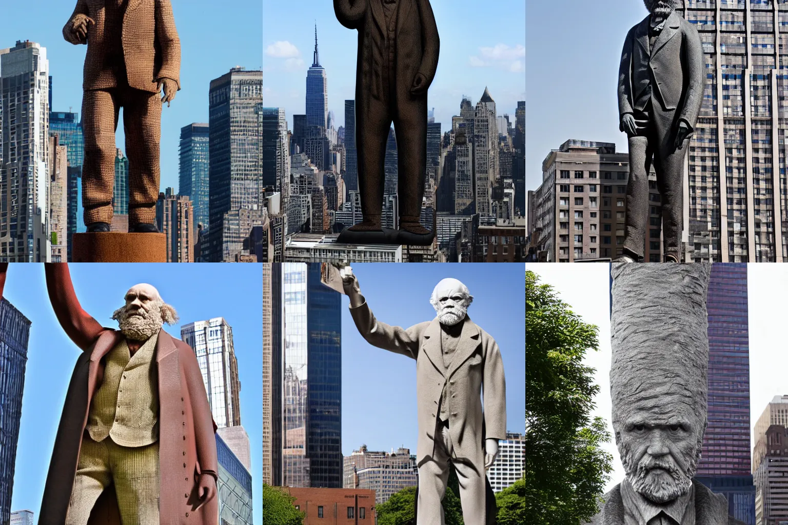 Prompt: a giant sculpture of Charles Darwin as big as a skyscraper in NYC, 8k, natural lighting