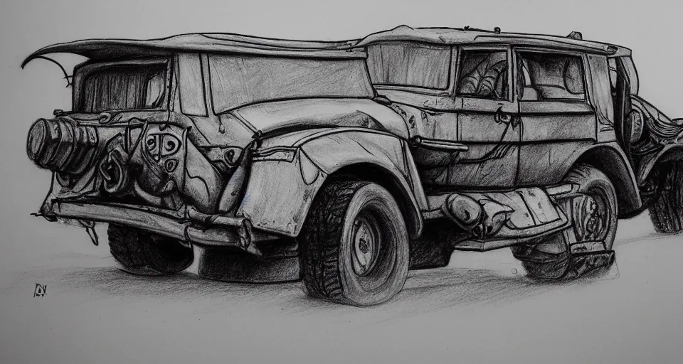 Image similar to graphite drawing of a stylized cartoony fury road car