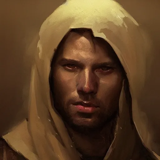 Image similar to Portrait painting of a medieval christian by his hands by greg rutkowski and Craig Mullins, Dark atmospheric and cinematic lighting