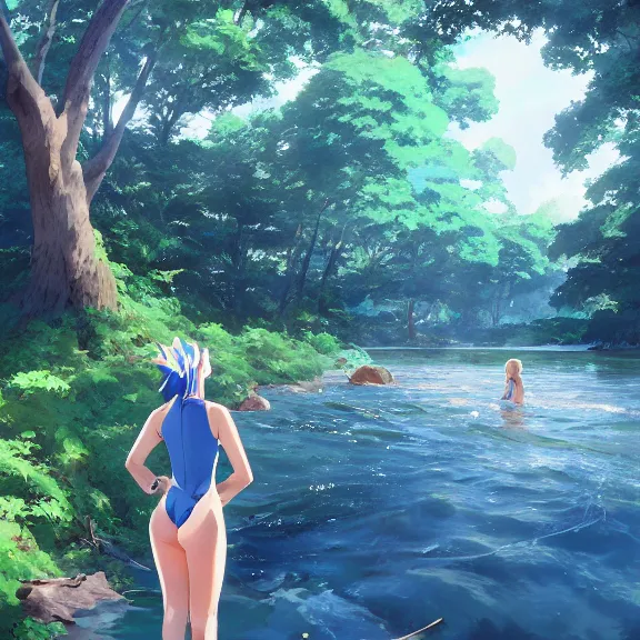 Image similar to one single girl wearing a blue full body bathing suit wading, wading weight high water, standing in a narrow river, trees bent over the river, shady, ripples, looking at the camera, front facing, inviting look, atmospheric lighting. By Makoto Shinkai, Stanley Artgerm Lau, WLOP, Rossdraws, James Jean, Andrei Riabovitchev, Marc Simonetti, krenz cushart, Sakimichan, trending on ArtStation, digital art.