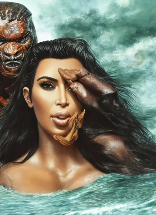 Image similar to Kim kardashian being eaten by predator, photorealism, uhd, realistic, wide shot, full shot,