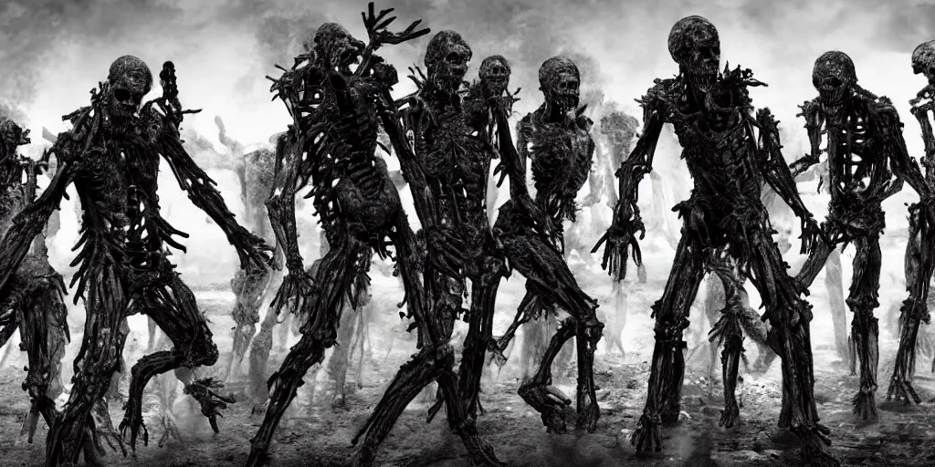 Image similar to humanoid metal endoskeletons partially covered in flesh, fighting undead zombies, post apocalyptic, scorched earth, detailed, unreal engine, realistic, detailed, sweat, dramatic lighting, cinematic