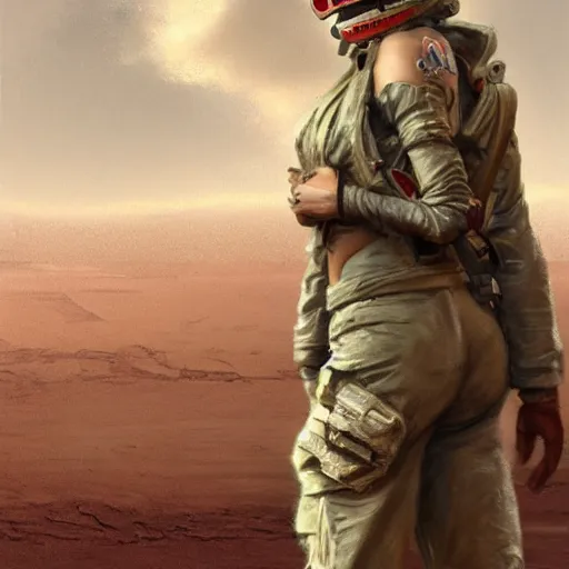 Image similar to tattooed dirty stoic butch heroic emotionless blonde woman engineer in tattered dirty flight suit, very short messy hair, victorian goggles, back pose, crossing primitive hostile alien desert, clouds of red dust, highly detailed, digital painting, artstation, concept art, matte, sharp focus, illustration, art by artgerm and greg rutkowski