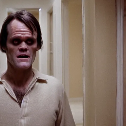 Prompt: jim carrey as jack torrence, the shining, 8 k, dark, horror