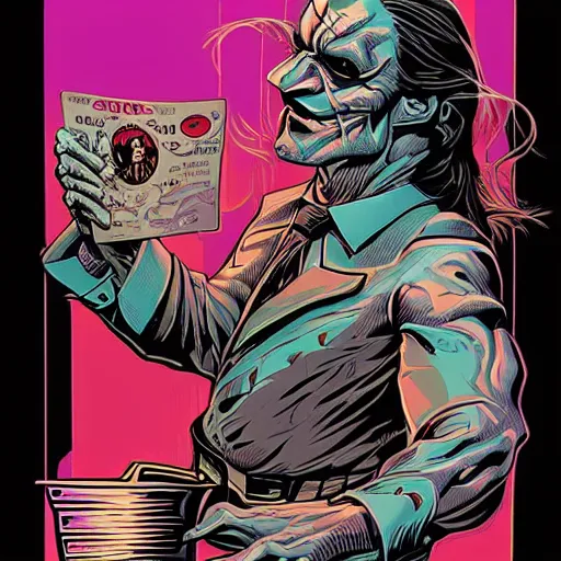 Image similar to two face with long hair, batman villian. Artwork by Dan Mumford