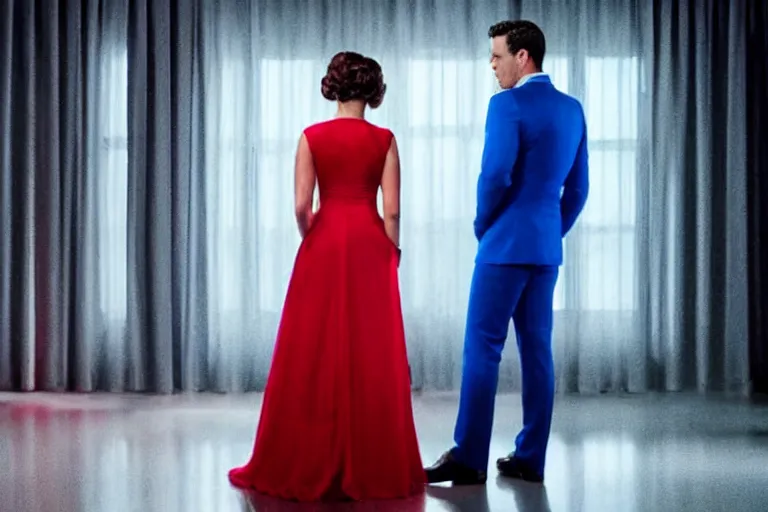 Image similar to full body film still of a man longingly looking at a distant woman in a red dress as a woman in a blue dress looks disgusted at the man in the new romance comedy movie, dramatic angle, dramatic lighting