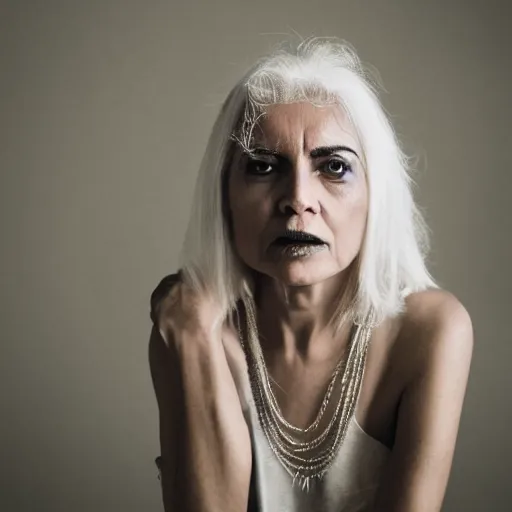 Image similar to portrait of a woman, sliver chains on face, white hair, natural, light makeup, cinematic, cinematic, focus