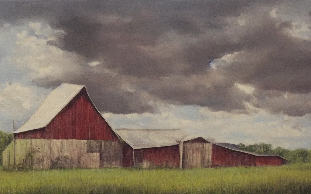 Image similar to a painting of an empty barn in summer, by peteris kalve, oil on canvas