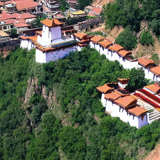 Prompt: a monastery shaped like a dorje, seen from above