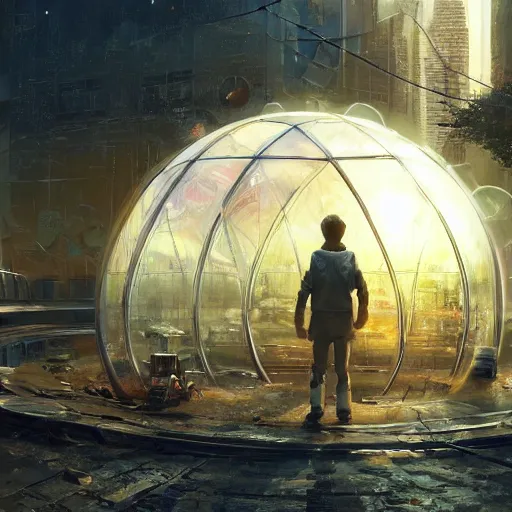 Image similar to A city trapped in a giant transparent dome, bubbles, cinematic lighting, insanely detailed, intricate, artstation, cgsociety, painted by Simon Stalenhag, Craig Mullins, concept art, illustration, sharp focus,