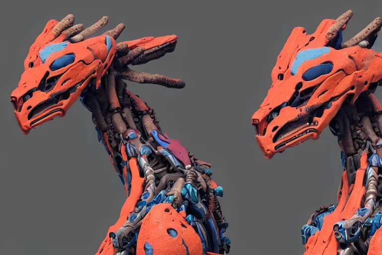 Image similar to portrait of a posed hyper detailed complex, plowhorn evangelion realistic mechanical and fleshy organic creature similar look as horizon forbidden west horizon zero dawn bioluminiscence in a dark deep forest at dawn in spring, with reflection and textures, by kilian eng, substance painter reaslitic mech surface metal painted scratches