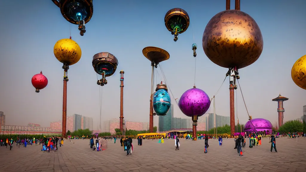 Prompt: large colorful futuristic space age metallic steampunk steam - powered balloons with pipework and electrical wiring around the outside, and people on rope swings underneath, flying high over the beautiful beijing city landscape, professional photography, 8 0 mm telephoto lens, realistic, detailed, photorealistic, photojournalism