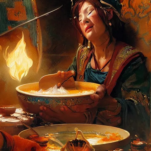 Image similar to stunning female master wizard cooking magical soup with a huge pot, highly detailed painting by gaston bussiere, craig mullins, j. c. leyendecker, 8 k