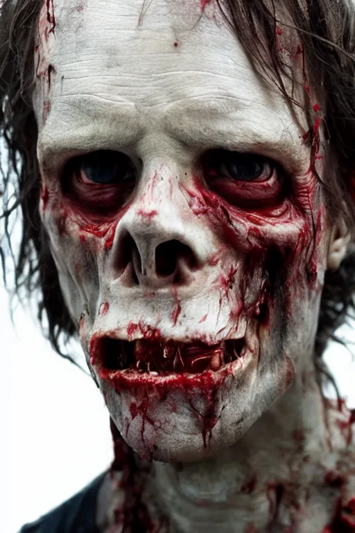 Prompt: up close photograph of a real - life zombie from the tv show the walking dead skin and jaw, studio camera shot on a red 5, award winning vfx and cinematography