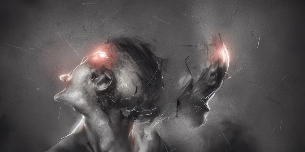 Prompt: a man falling through ears and sound waves, creepy and abstract, crack down the middle featured on artstation, cgsociety, Behance hd
