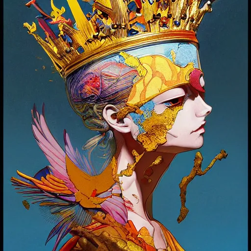 Image similar to prompt : colorful bird, golden crown, soft light painted by james jean and katsuhiro otomo and erik jones, inspired by akira anime, smooth face feature, intricate oil painting, high detail illustration, sharp high detail, manga and anime 1 9 9 9