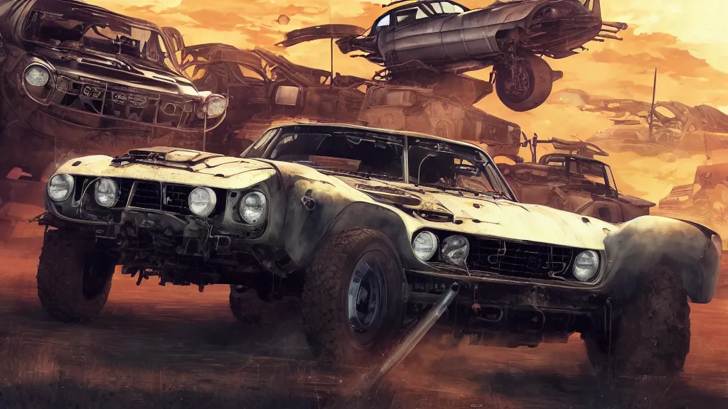 Image similar to anime illustration of mad max's fj 4 0 pursuit special, the last v 8 interceptor driving down to the gates of valhalla highway, riding fury road eternal shiny and chrome, world of fire and blood, by makoto shinkai, ilya kuvshinov, lois van baarle, rossdraws, basquiat, global illumination ray tracing hdr