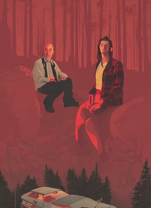 Prompt: Twin Peaks poster artwork by Michael Whelan, by Bob Larkin and Tomer Hanuka, Karol Bak of portrait of Joe Rogan in red flannel, from scene from Twin Peaks, clean, simple illustration, nostalgic, domestic