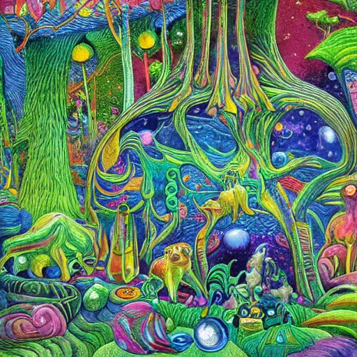 Image similar to psychedelic couch sofa in the lush forest, milky way, designed by moebius, rob gonsalves, gustav dore, giuseppe arcimboldo and carl barks, louis wain, trending on artstation, canada, star, sharp focus, colorful refracted sparkles and lines, soft light, 8 k 4 k