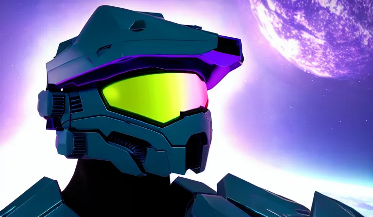 Image similar to cyberpunk halo helmet purple star visor floating in space with reflections, epic, dramatic, photorealistic, award winning, 8k,