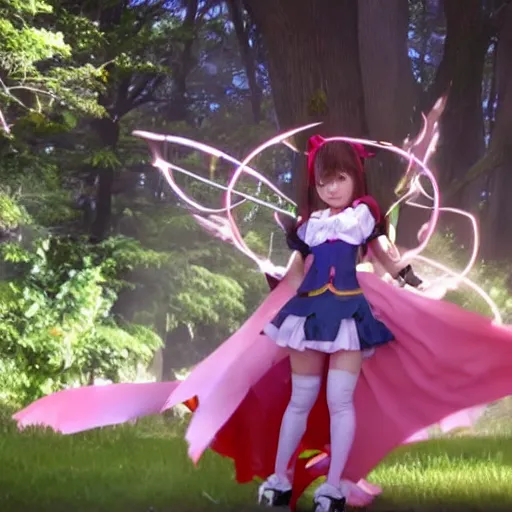 Prompt: a a battle of two real-life mahou shoujo girl using a magic attack, magic movie still frame