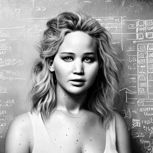 Prompt: 3 5 mm beautiful b & w front shot of jennifer lawrence, behind her on a chalkboard detailed drawings of data etl strategy, highly detailed, trending on artstation, 1 9 2 0 x 1 0 8 0