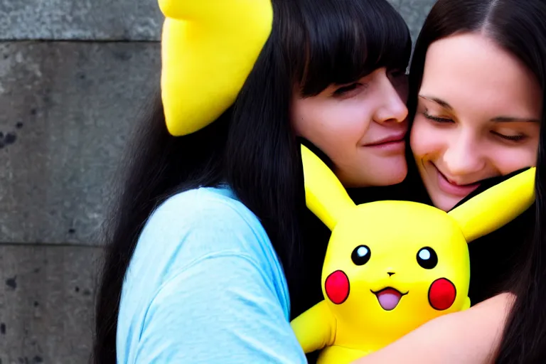 Image similar to a young skinny woman with long dark hair hugging a pikachu