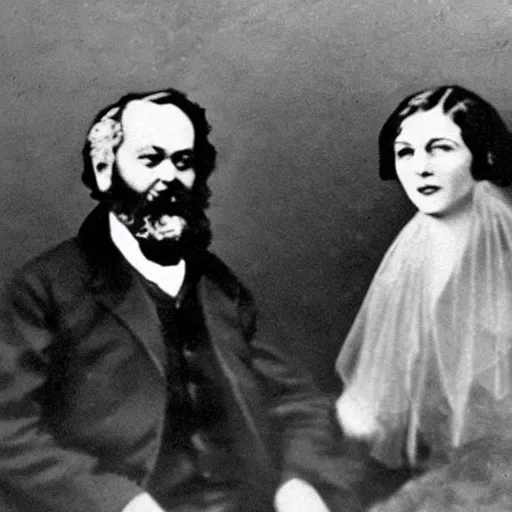 Prompt: Karl Marx and Ayn Rand marrying, wedding photo, 1920, Church altar backround