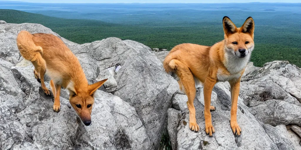 Image similar to a dingo poses on the precipice trail on mt. champlain in maine, ocean background, ladders