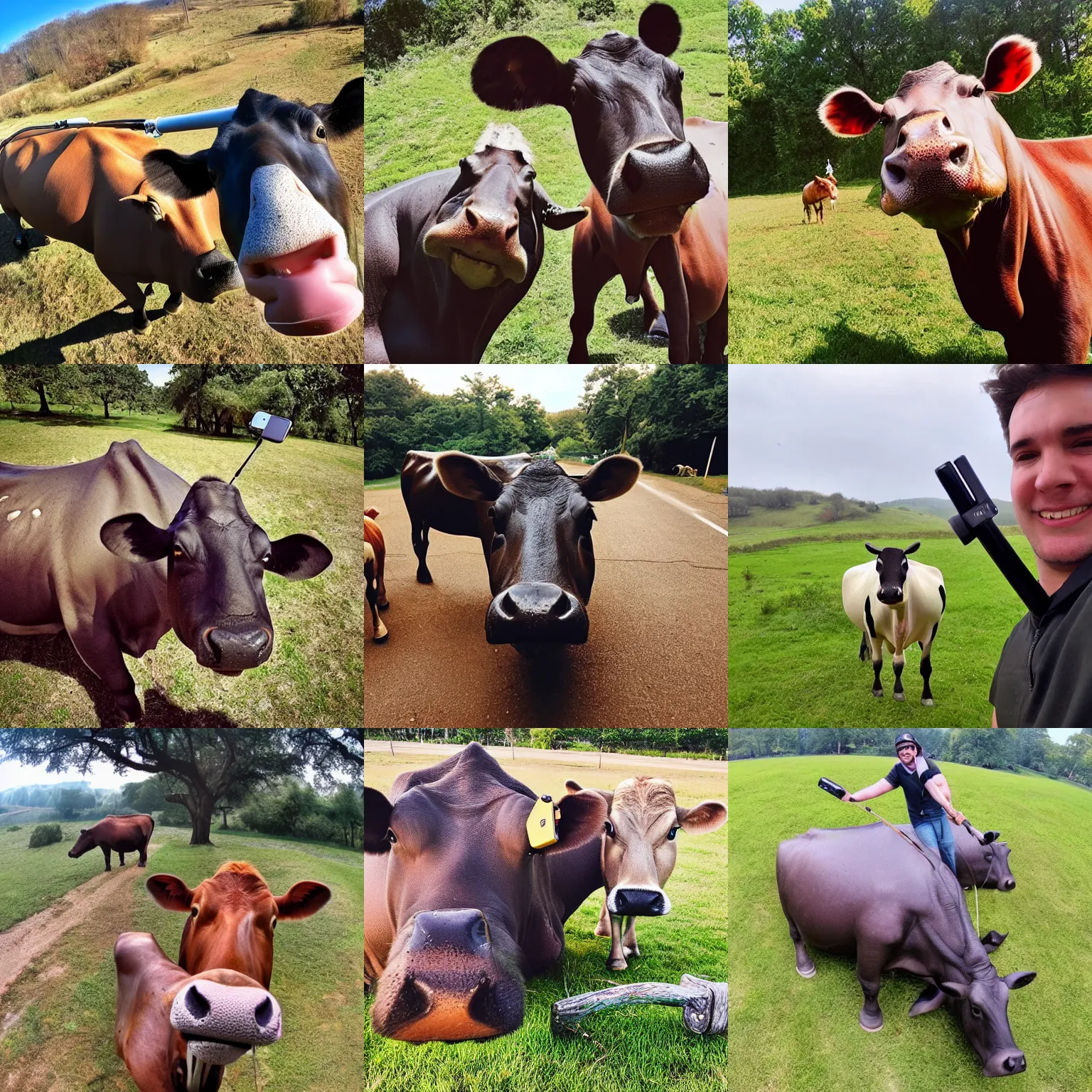 Prompt: selfie stick photo of a cow and its hippopotamus best friend