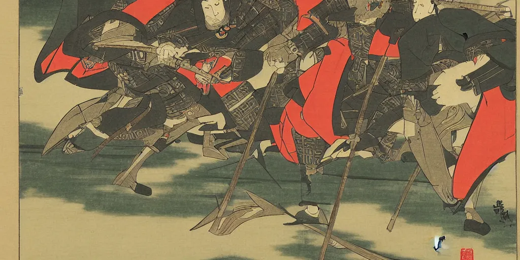 Prompt: ukiyo - e style painting of heavily armored samurai fighting in fierce battle in a beautiful forest, by tullio crali