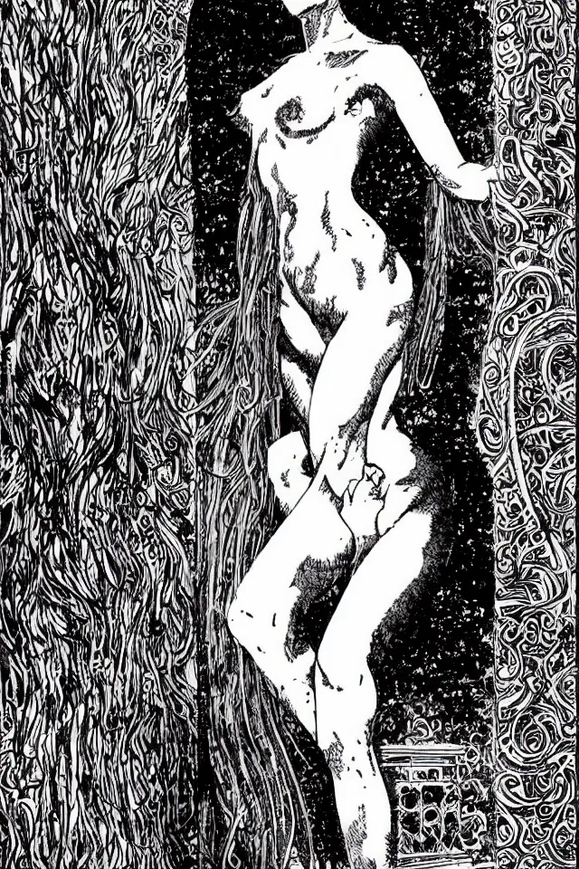 Image similar to beautiful woman at the entrance of the temple of desire by sergio toppi and apollonia saintclair