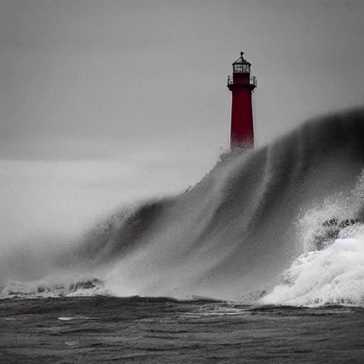 Image similar to “ highly realistic storm wave hitting a red lighthouse on a cliff ”