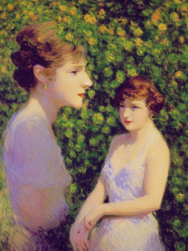 Image similar to portrait of < zelda fitzgerald > as a beautiful young lady, in the sun, out of focus, pleinairism,, backlit, closeup, oil on canvas, atr by monet, impressionnisme, 8 k