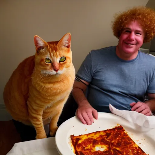 Image similar to fat orange tabby cat next to curly haired man and lasagna on table, jim davis