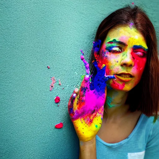 Prompt: a painting of a woman's face created by throwing colourful paint at a wall