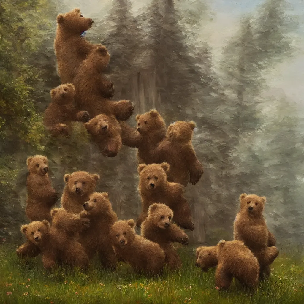 Image similar to cottage with three humanoid bear cubs in front, aesthetic, oil painting, pale colors, high detail, 8 k, wide angle, trending on artstation,