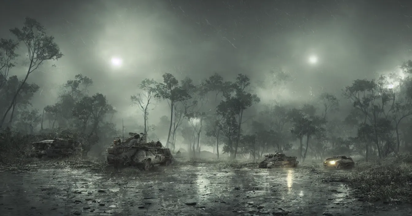 Image similar to realistic photo of wide battleground landscape, with army of monstrous insects fighting hardly futuristic human army, night, heavy rain, reflections, raytracing, raymarching, scattering, subsurface, full of reflections, volumetric fog light, dark and dramatic composition, deep depth, defocus, rendered in vray, raytracing, raymarching