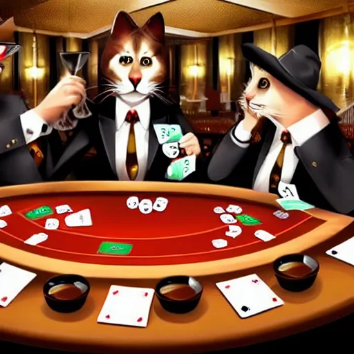 Image similar to cat mafia playing poker in a casino, dringing whiskey and smoking cigars