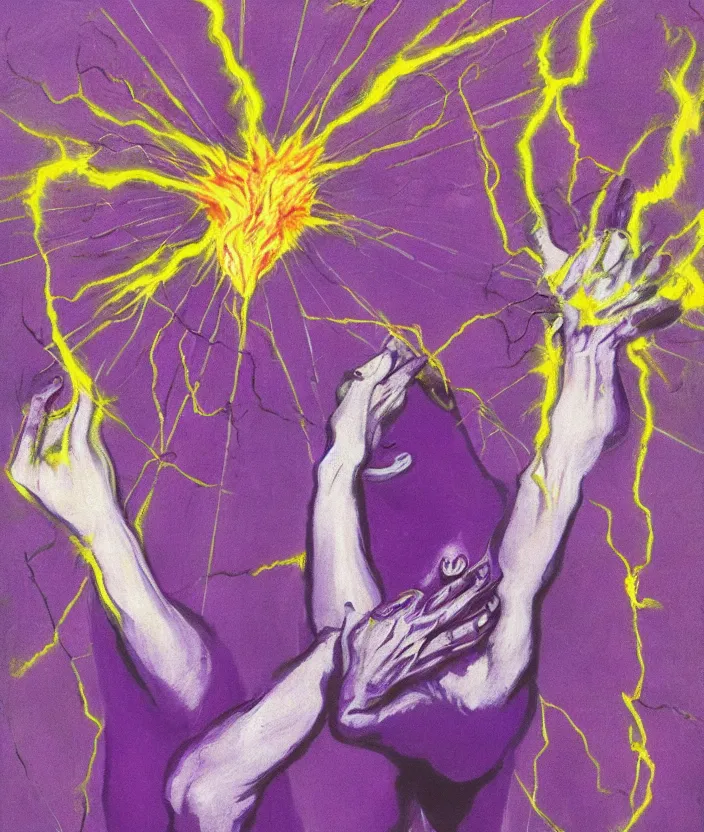 Image similar to two hands facing each other and transferring bolts of purple energy, art by francis bacon