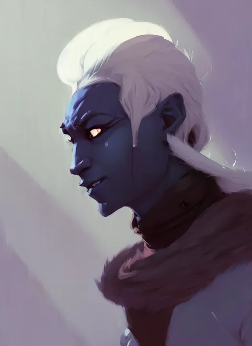 Image similar to ( ( ( ( ( portrait of male drow from dungeons and dragons. ) ) ) ) ) by atey ghailan, by greg rutkowski, by greg tocchini, by james gilleard, by joe fenton, by kaethe butcher, dynamic lighting, gradient light blue, brown, blonde cream and white color scheme, grunge aesthetic