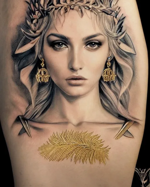 Image similar to tattoo sketch of beautiful super model aphrodite greek goddess wearing a gold laurel wreath and triangle earrings, beautiful piercing gaze with sharp pupils, beautiful blonde hair, in the style of greg rutkowski, fantasy, amazing detail, epic, elegant, smooth, sharp focus, front view