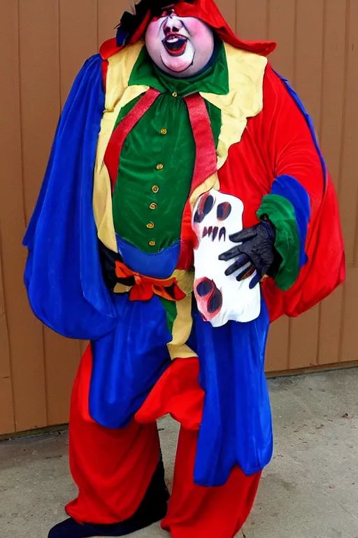 Image similar to scary obese jester halloween costume, best of halloweencostumes, man in a jester costume,