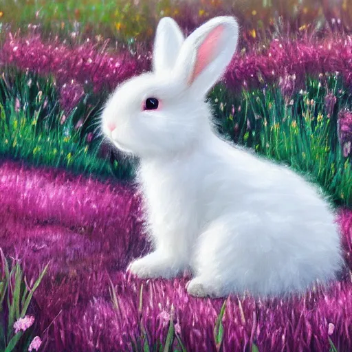 Prompt: cute fluffy white lop eared bunny rabbit sitting in meadow of spring flowers detailed painting 4k