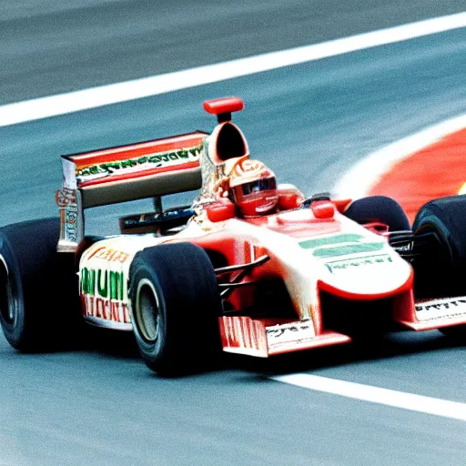 Image similar to Michael Schumacher leading the race, 1980 style photography