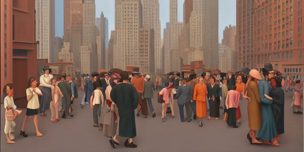 Image similar to new york city street in the morning, oil painting by george tooker