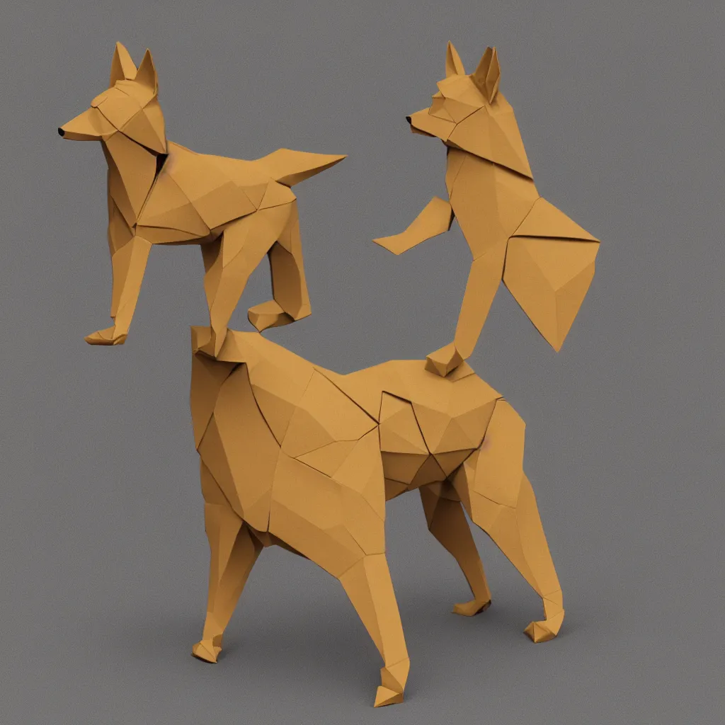 Image similar to 3 d rendering of japanese cardboard origami of simple shape of german shepherd, 2 d image, trending on artstation